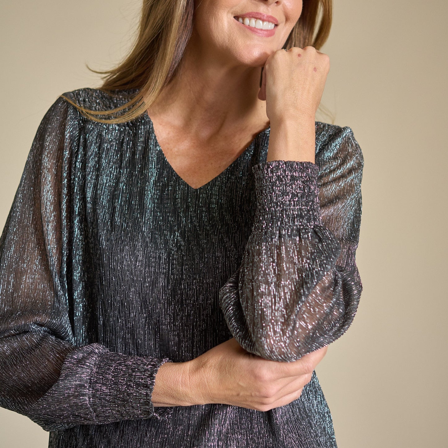Christopher & Banks Bodre V Neck Shirred Sleeve Blouse