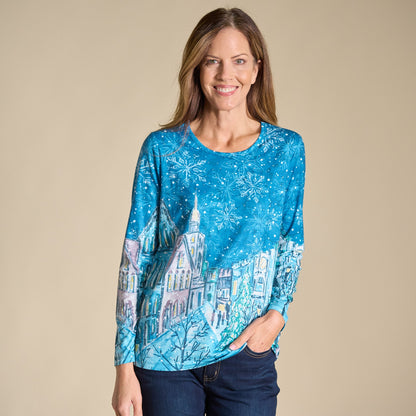Christopher & Banks Winter Scenic Print Long Sleeve Tee