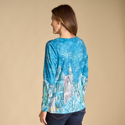 Christopher & Banks Winter Scenic Print Long Sleeve Tee