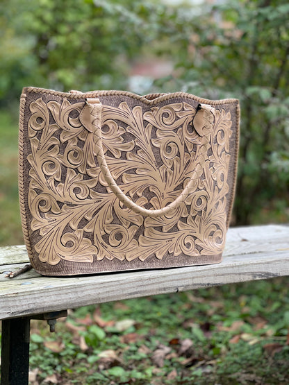 ALLE Handbags Ibiza Hand Tooled Leather Extra Large Tote Travel Bag