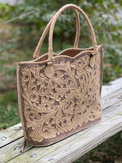 ALLE Handbags Ibiza Hand Tooled Leather Extra Large Tote Travel Bag