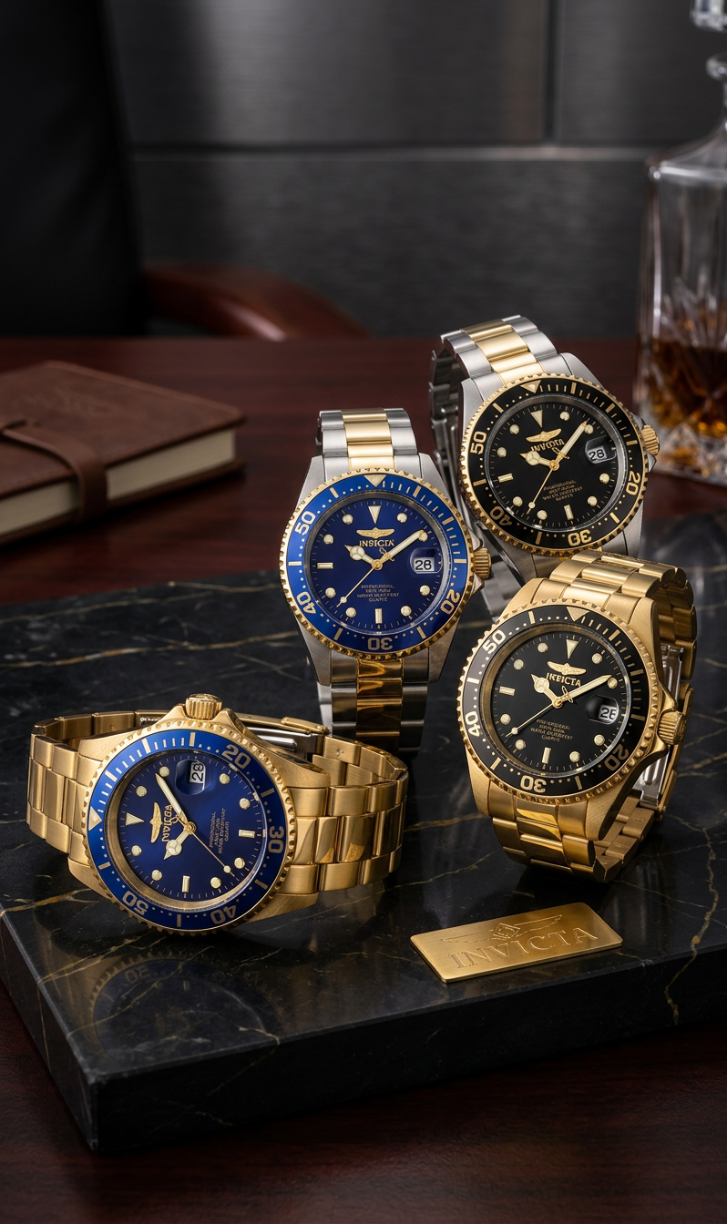 Four luxurious watches with blue and black faces on a dark surface.