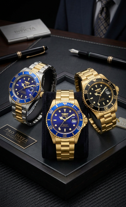 Three watches with blue and gold accents on a dark surface
