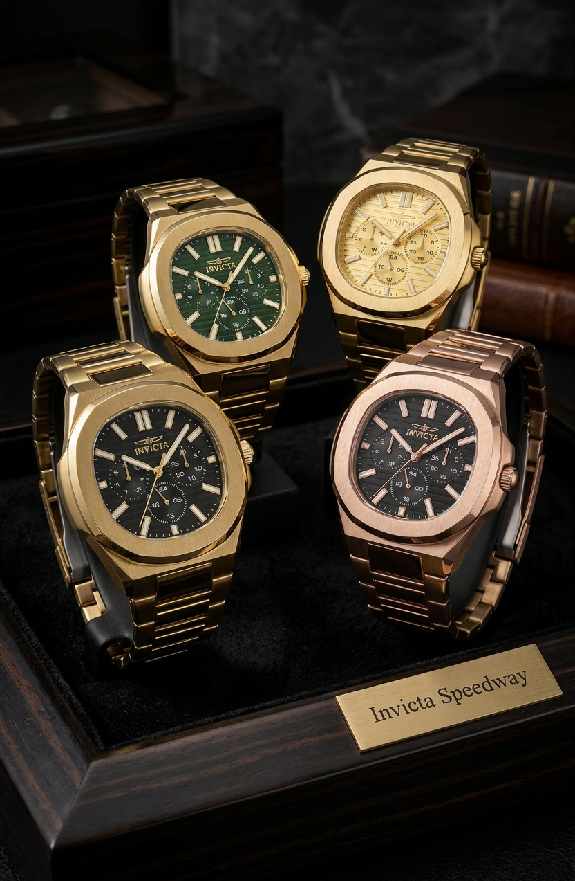 Four gold Invicta Speedway watches on a dark surface with a brand name plaque.