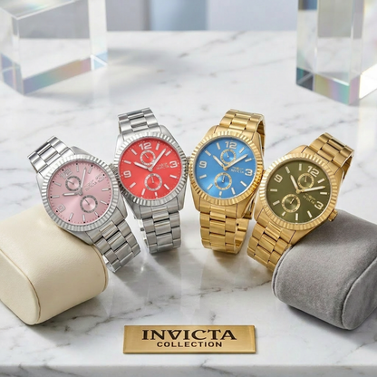 Four Invicta watches in different colors on a marble surface with branded packaging.