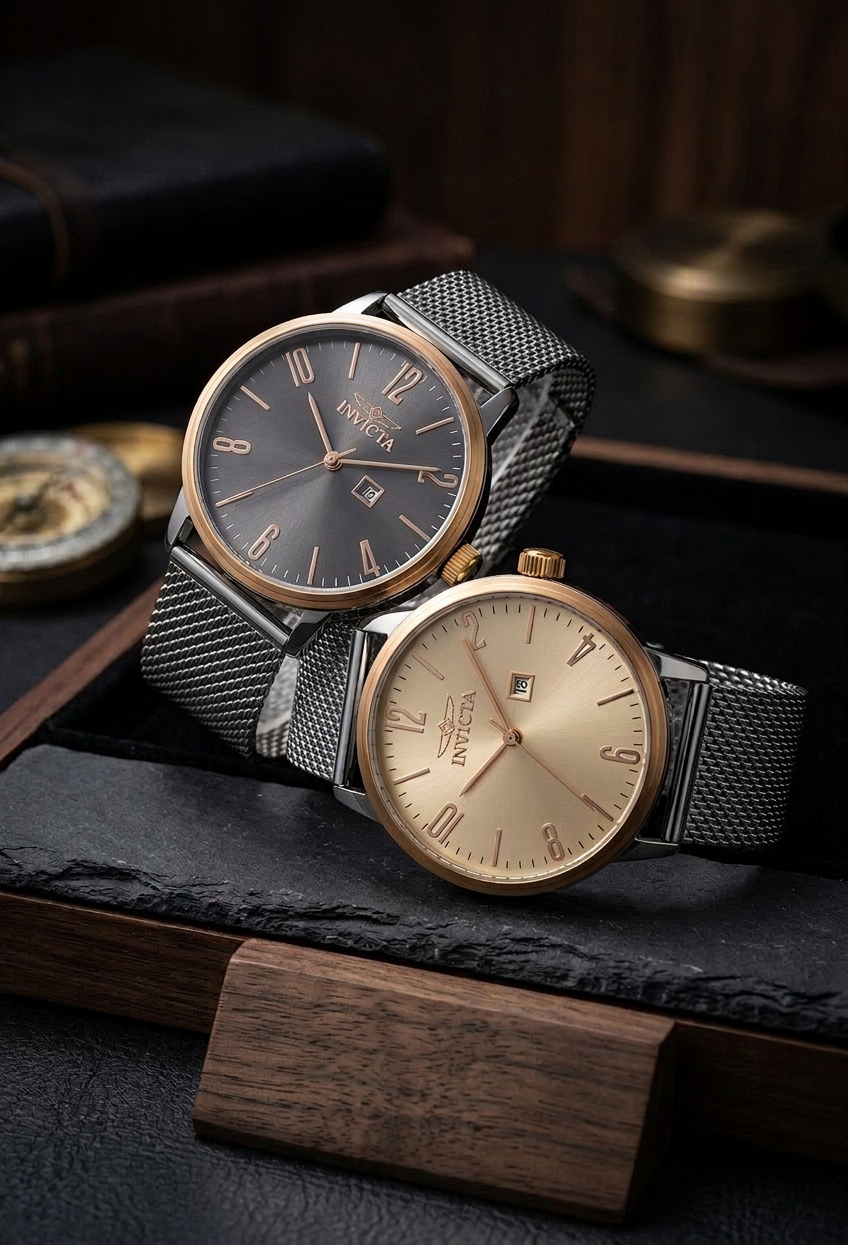 Two watches with mesh straps on a dark surface with wooden accents