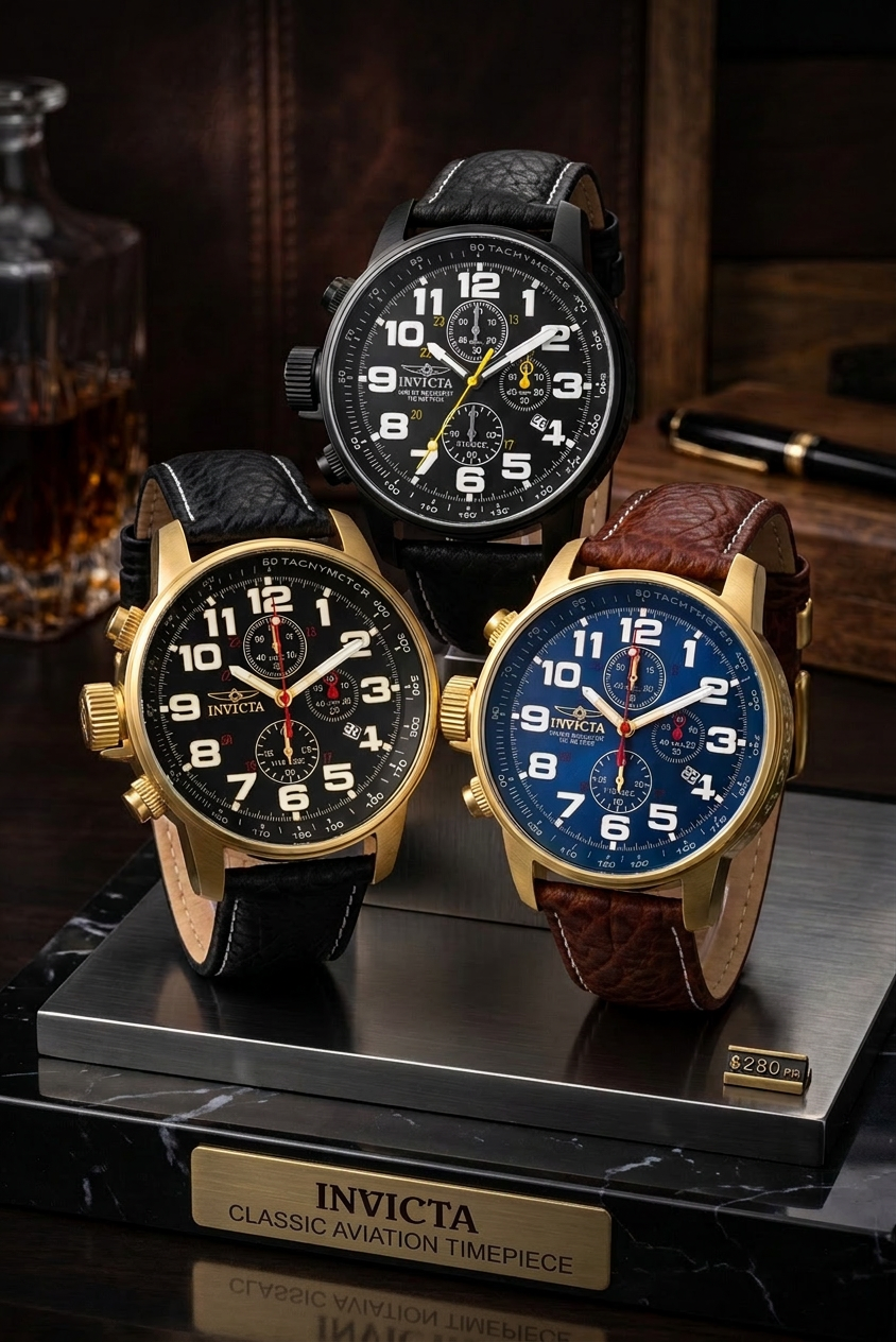 Three Invicta watches on a stand with a dark background