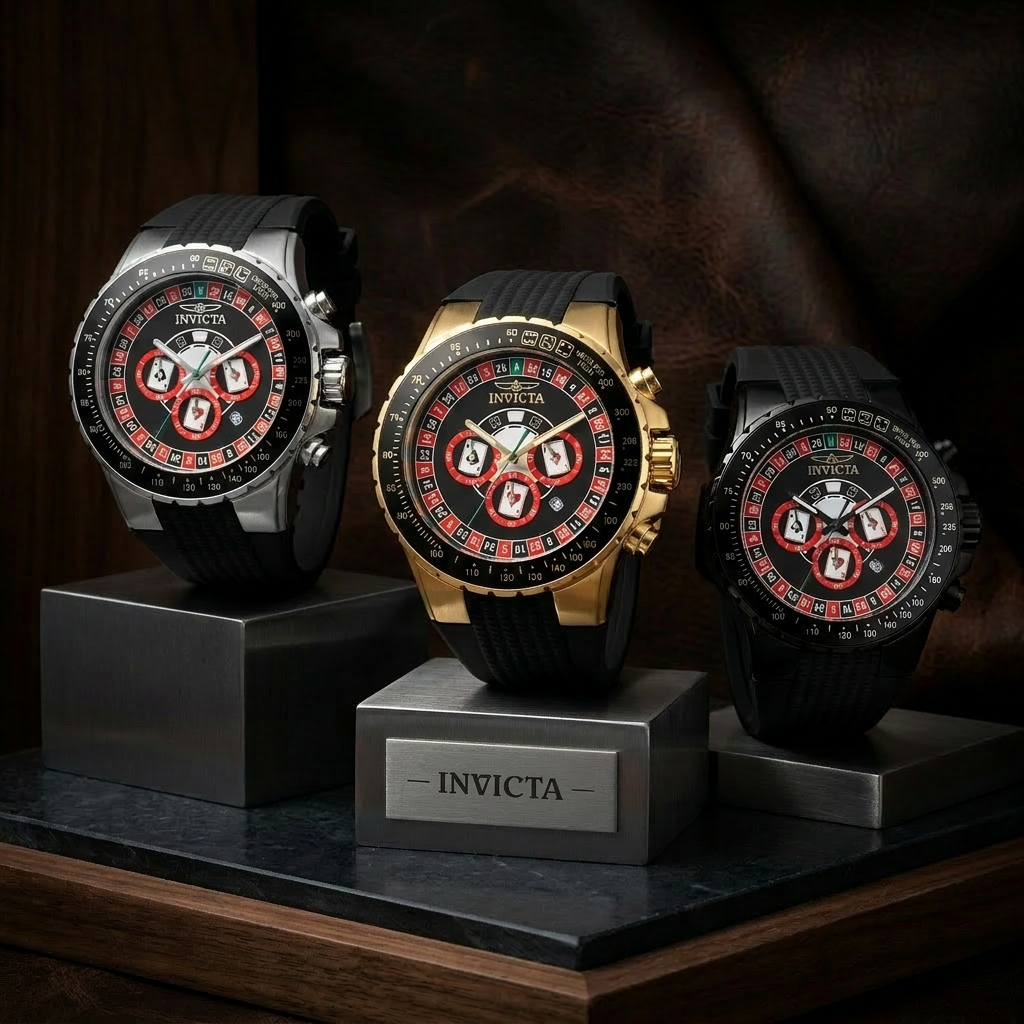 Three Invicta watches on display with a dark background