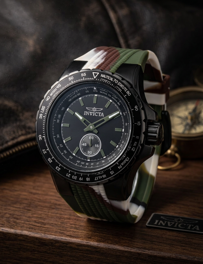 Invicta watch with camouflage strap on a wooden surface