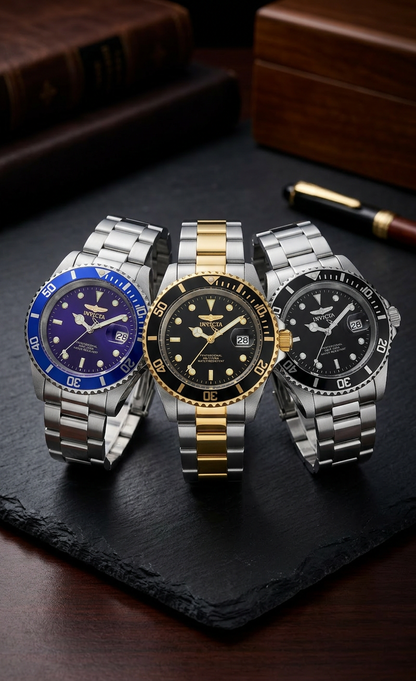 Three watches with different colored faces and metal bands on a dark surface.