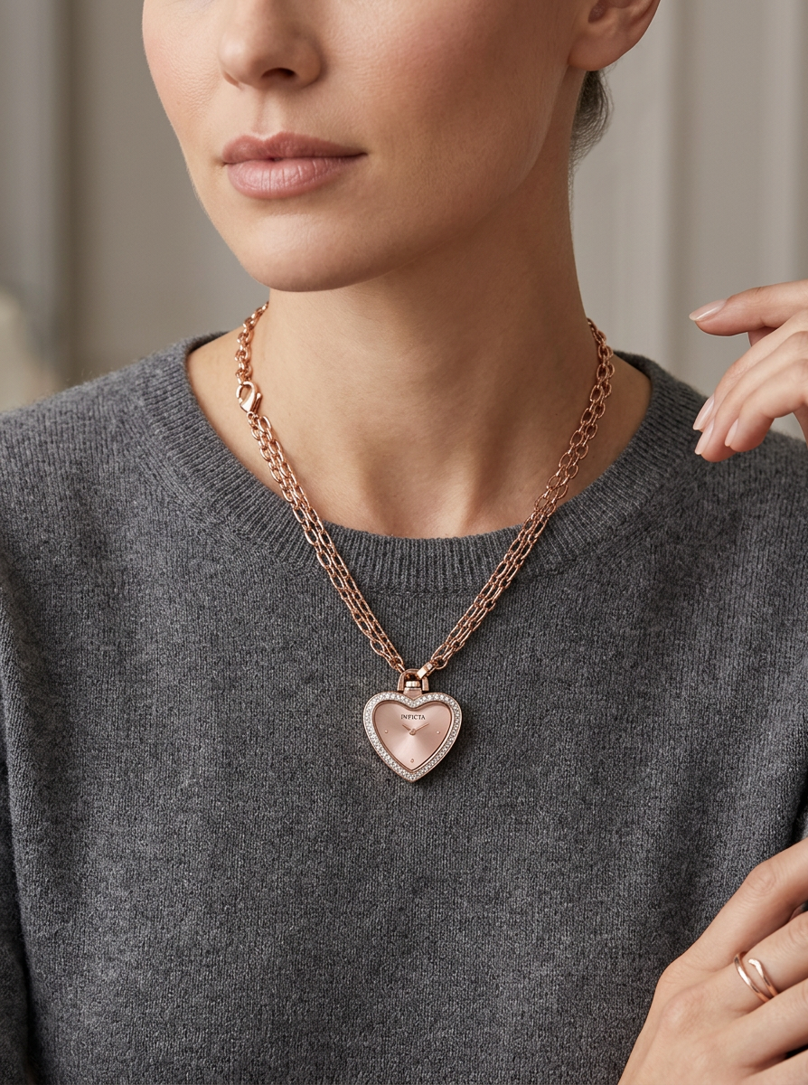 Person wearing a rose gold heart-shaped pendant necklace on a neutral background