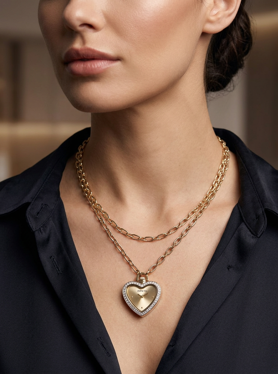 Close-up of a woman wearing a gold chain necklace with a heart-shaped locket.