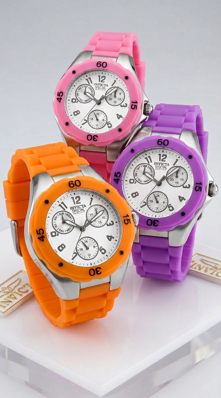 Three watches with colorful rubber straps on a light gray background