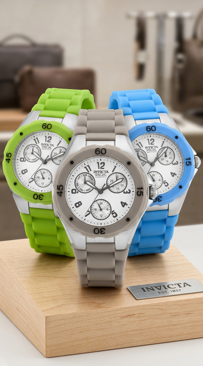 Three Invicta watches with green, gray, and blue bands on a wooden stand.
