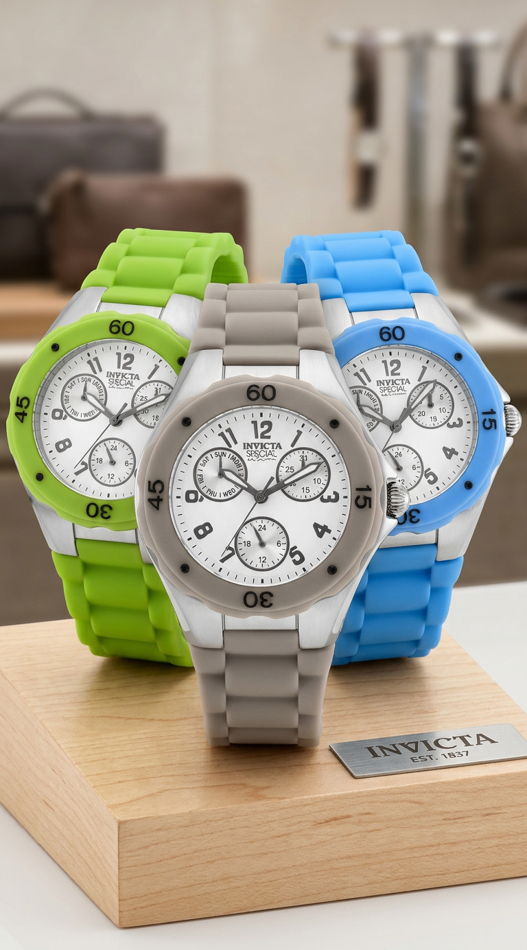 Three Invicta watches with green, gray, and blue bands on a wooden stand.