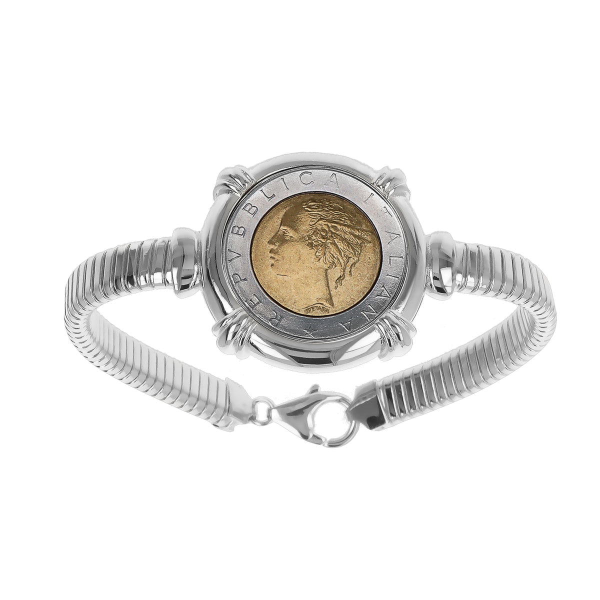 Toscana Italiana 18K Gold Plated Genuine 500 Lira Coin Tubogas Bracelet