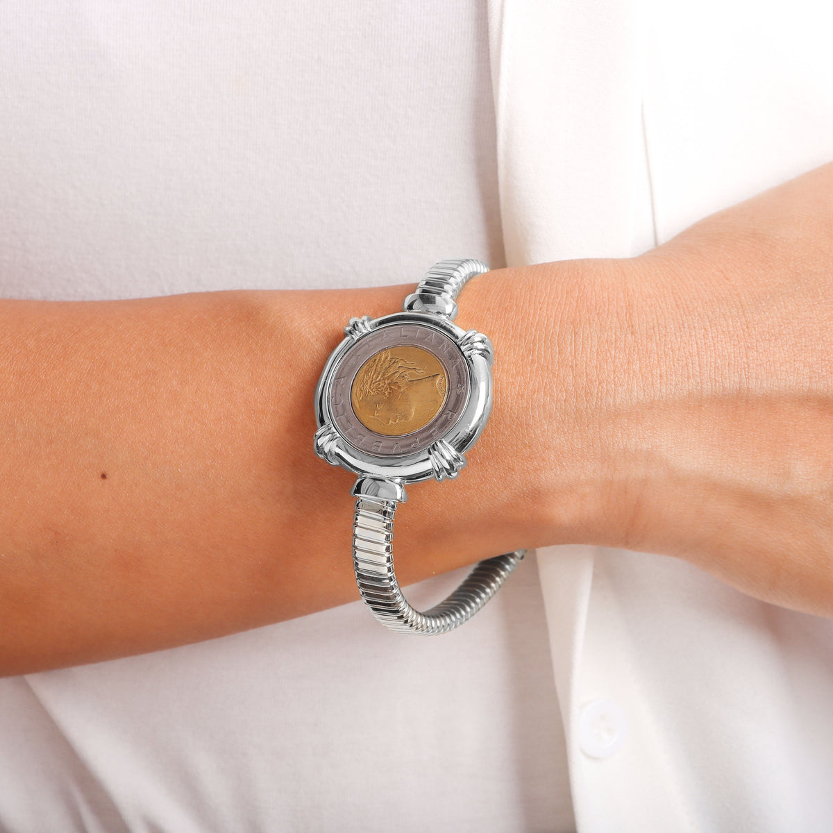 Toscana Italiana 18K Gold Plated Genuine 500 Lira Coin Tubogas Bracelet