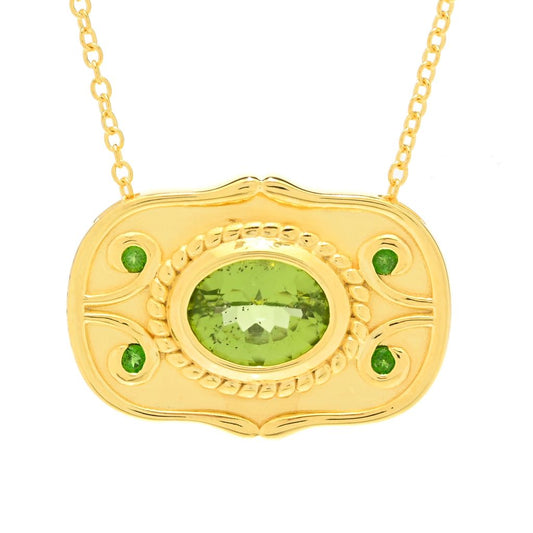 Etrusca Gemma 18K Gold Plated Peridot & Chrome Diopside Shield Necklace