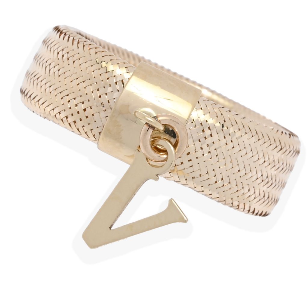 14K Italian Gold Initial Charm Stretch Mesh Ring