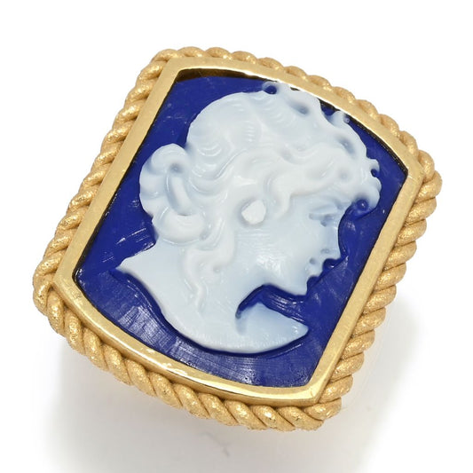 Cameo Italiano 18K Gold Plated Blue Agate Portrait Cameo Ring