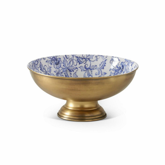 11" Brass Metal & Blue Floral Footed Bowl