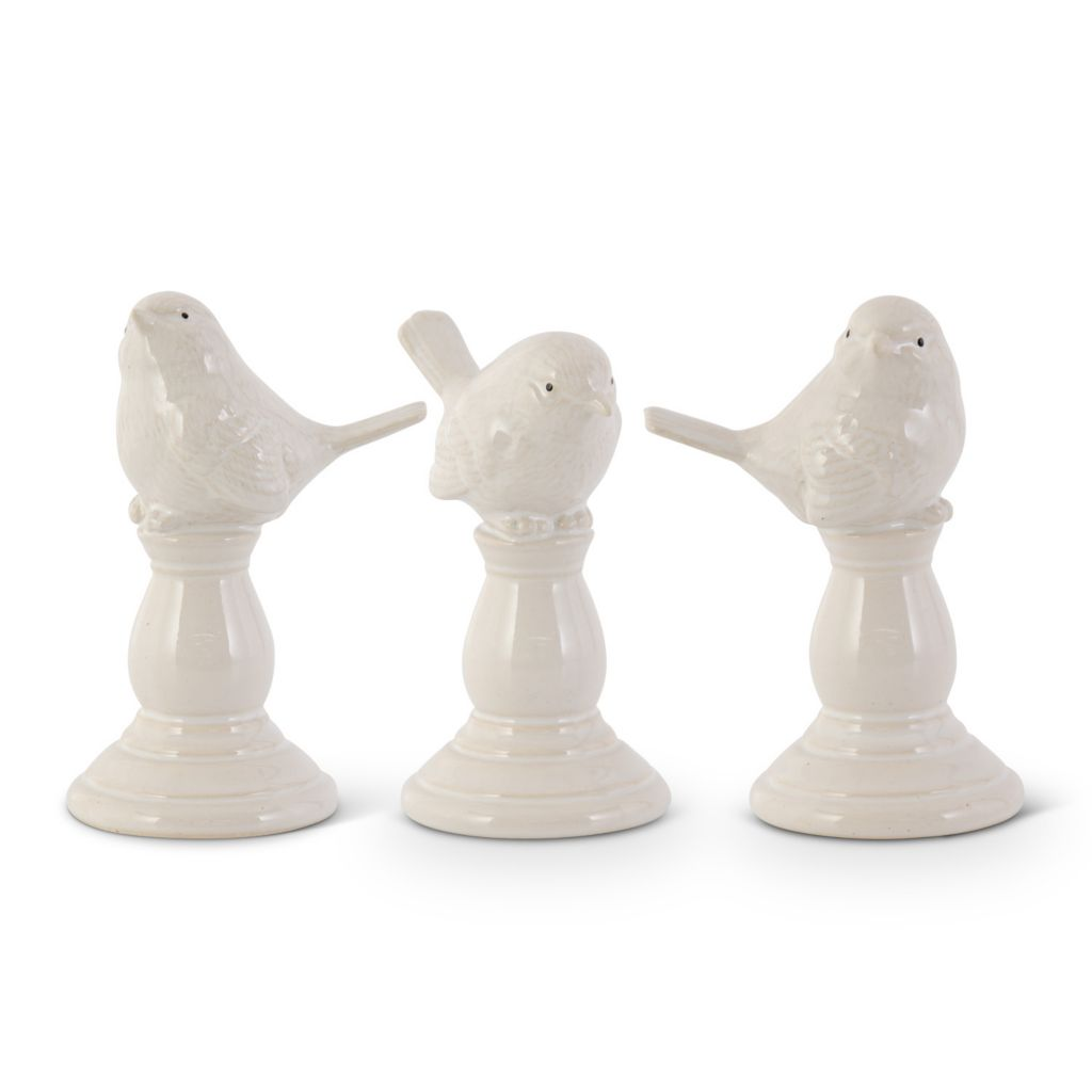 Set of 3 Assorted Cream Ceramic Birds on Pedestal