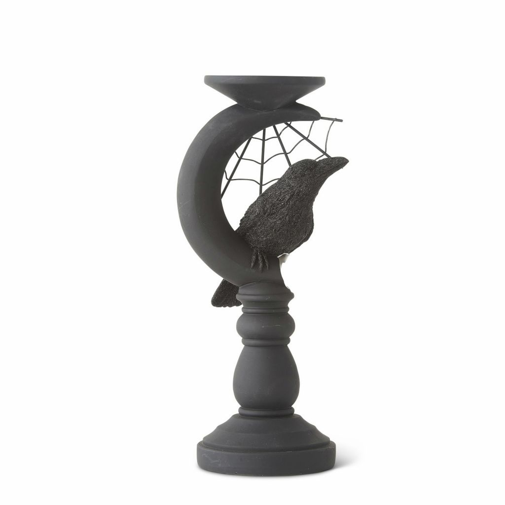 12" Matte Black Halloween Moon Candlestick