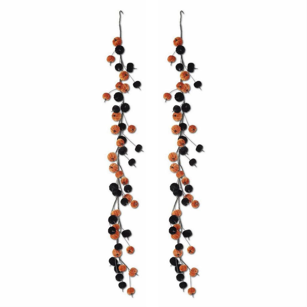 60" Set of 2 Black & Orange Velvet Pumpkin Garland