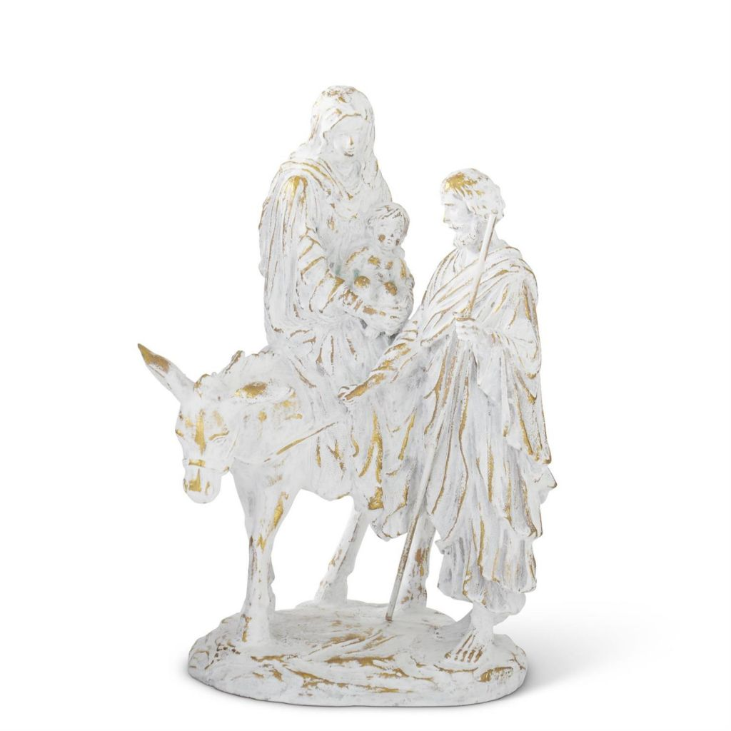 14" White & Gold Resin Joseph w/ Mary Riding Donkey Nativity