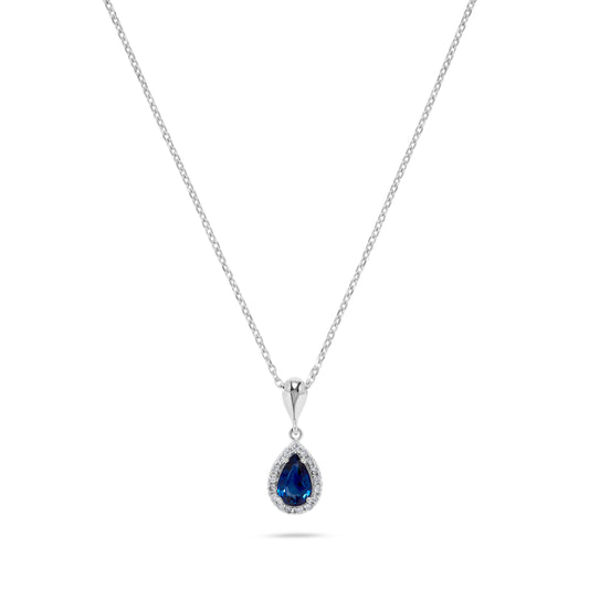 Luxury by Leonardo 14K Gold Pear-Shaped Blue Sapphire & Diamond Halo Pendant with Chain