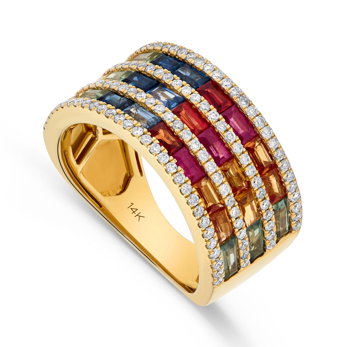 Luxury by Leonardo 14K Gold Rainbow Sapphire, Ruby & Diamond Triple Row Wide Band Ring