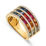 Luxury by Leonardo 14K Gold Rainbow Sapphire, Ruby & Diamond Triple Row Wide Band Ring