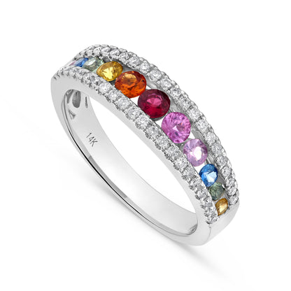 Luxury by Leonardo 14K Gold Rainbow Sapphire & Diamond Tapered Band Ring