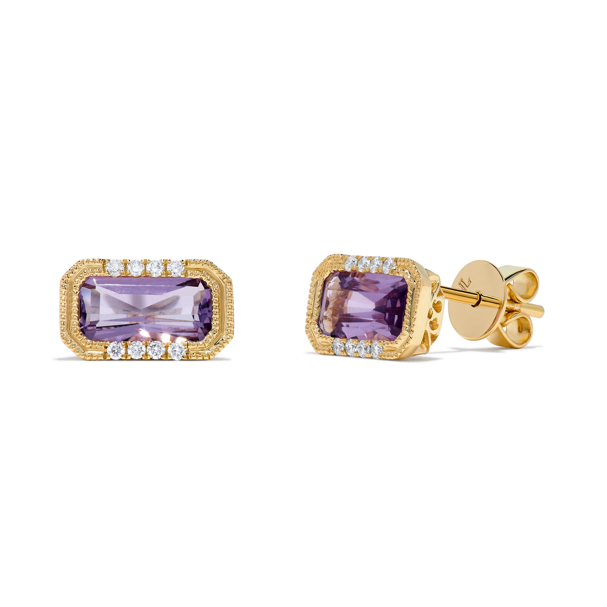 Luxury by Leonardo 14K Gold Emerald-Cut Gemstone & Diamond East-West Stud Earrings