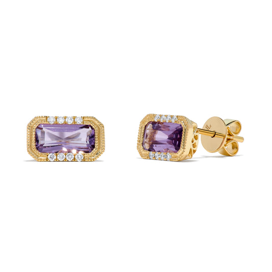 Luxury by Leonardo 14K Gold Emerald-Cut Gemstone & Diamond East-West Stud Earrings