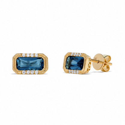 Luxury by Leonardo 14K Gold Emerald-Cut Gemstone & Diamond East-West Stud Earrings