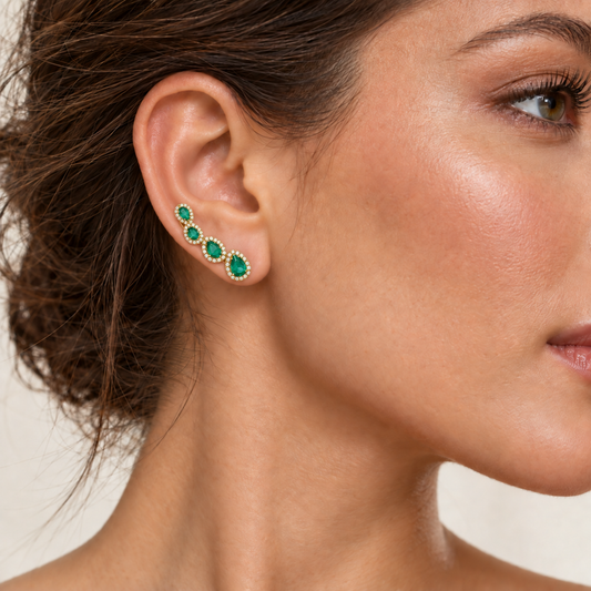 Luxury by Leonardo 14K Gold Pear-Shaped Emerald & Diamond Ear Climbers