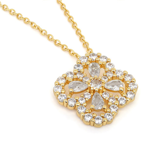 TRYNDI 18K Gold or Rhodium Plated Luxe Clover Swarovski Crystal Necklace