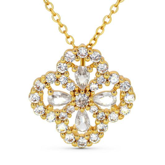 TRYNDI 18K Gold or Rhodium Plated Luxe Clover Swarovski Crystal Necklace