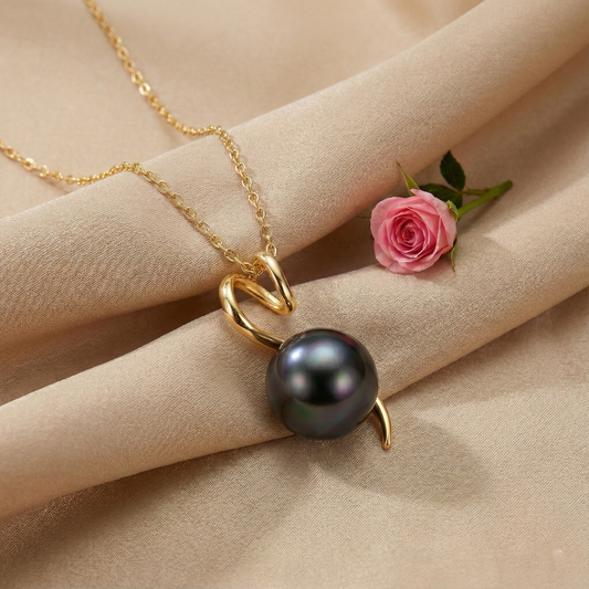 TRYNDI 18K Gold Plated 11-12mm Tahitian Black Pearl Swarovski Crystal Twist Necklace