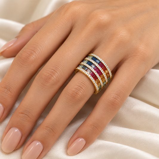 Luxury by Leonardo 14K Gold Rainbow Sapphire, Ruby & Diamond Triple Row Wide Band Ring
