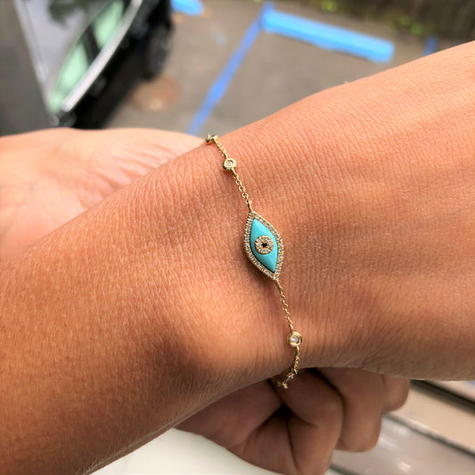 Sabrina Designs 14K Gold Turquoise & Diamond Evil Eye Station Bracelet