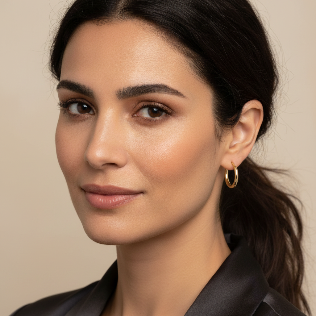Model Wearing 14K Italian Gold Hoop Earrings