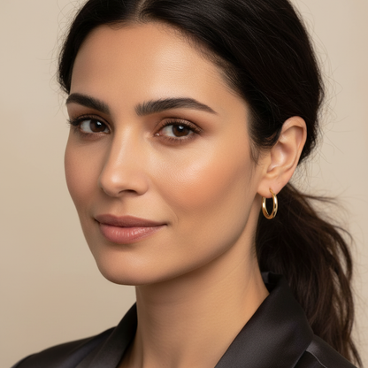 Model Wearing 14K Italian Gold Hoop Earrings