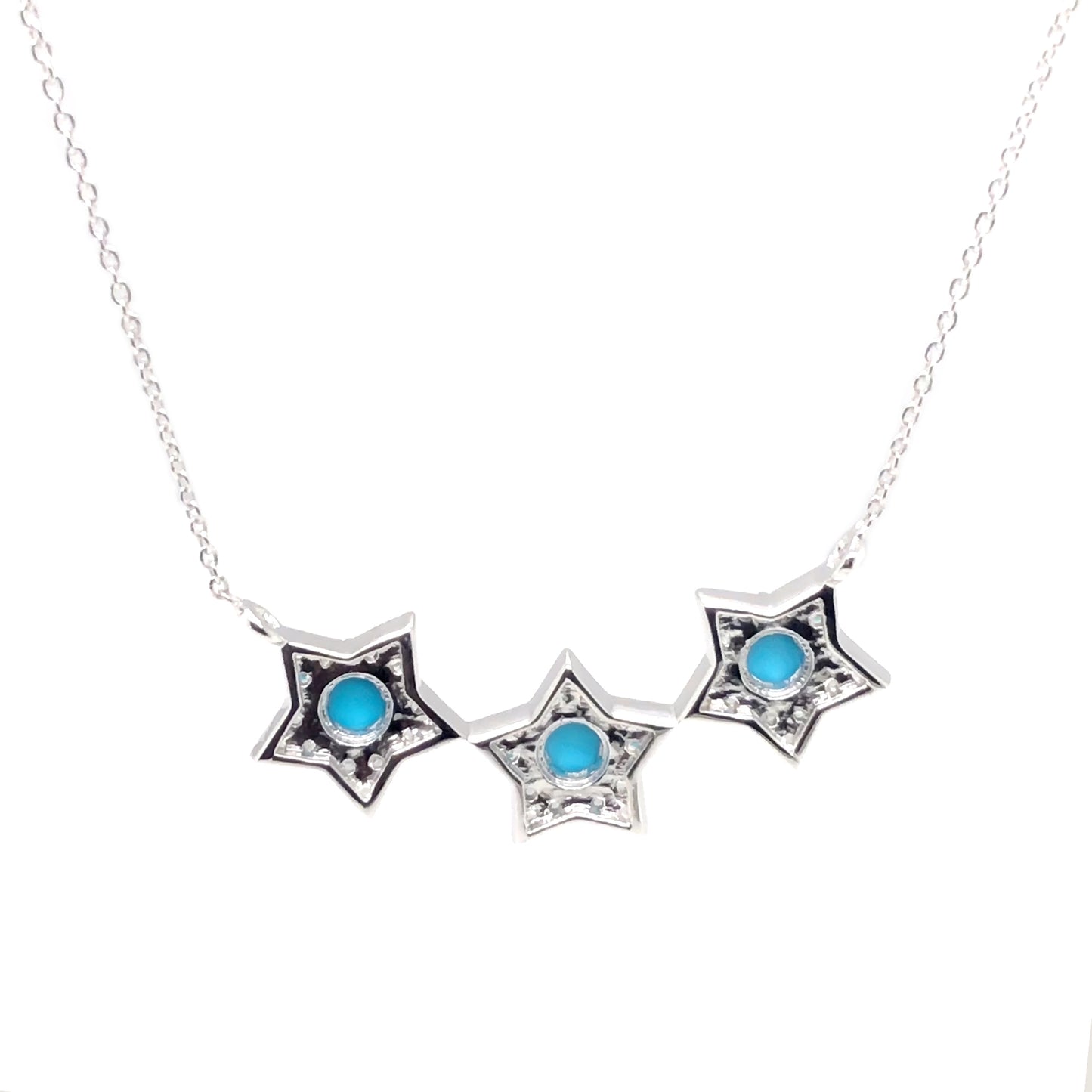 Sterling Silver Sleeping Beauty Turquoise & White Zircon Star Line Necklace