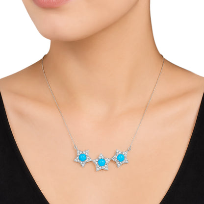 Sterling Silver Sleeping Beauty Turquoise & White Zircon Star Line Necklace