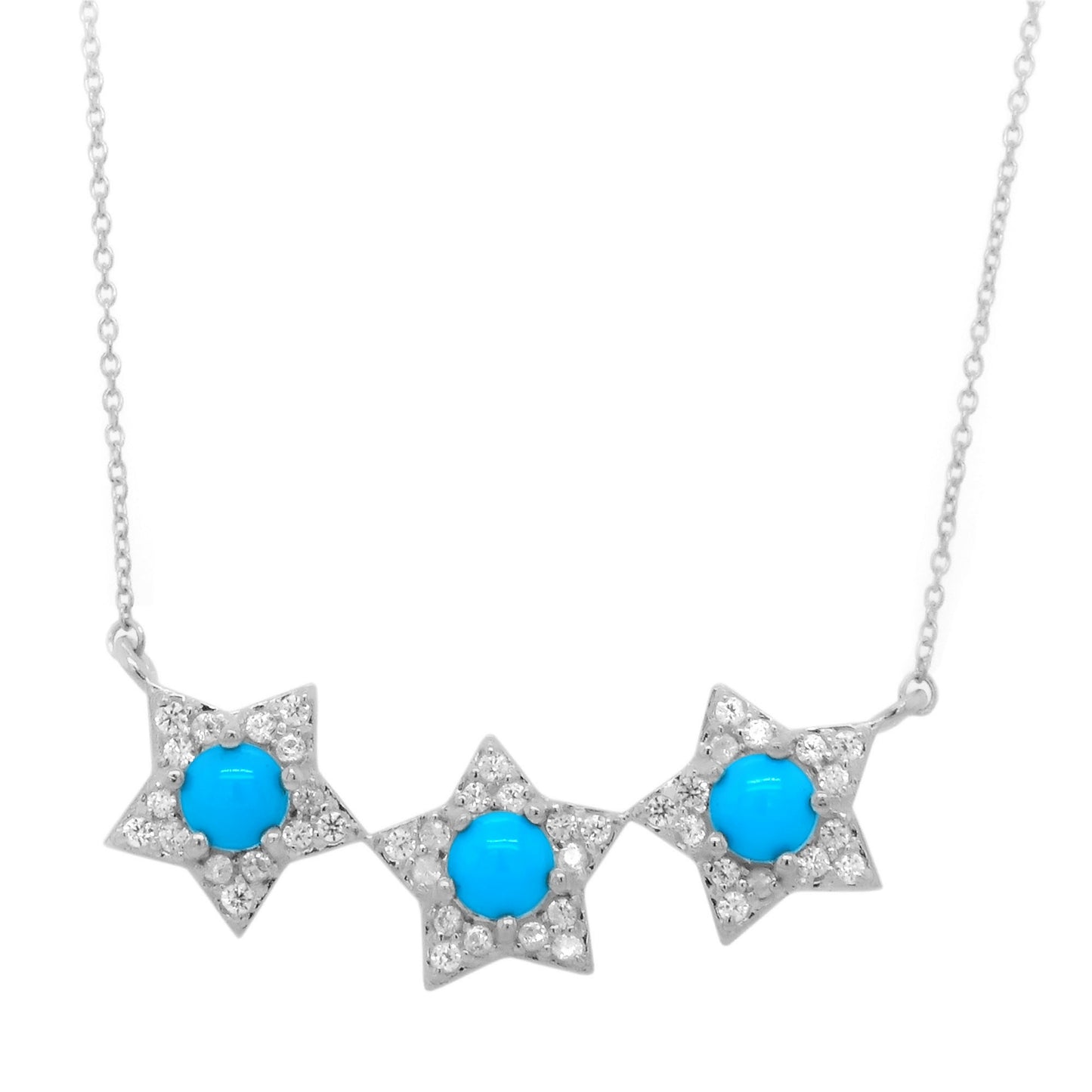 Sterling Silver Sleeping Beauty Turquoise & White Zircon Star Line Necklace