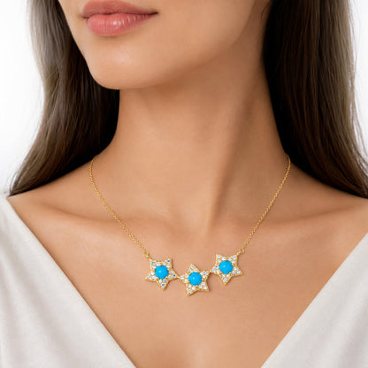 Sterling Silver Sleeping Beauty Turquoise & White Zircon Star Line Necklace