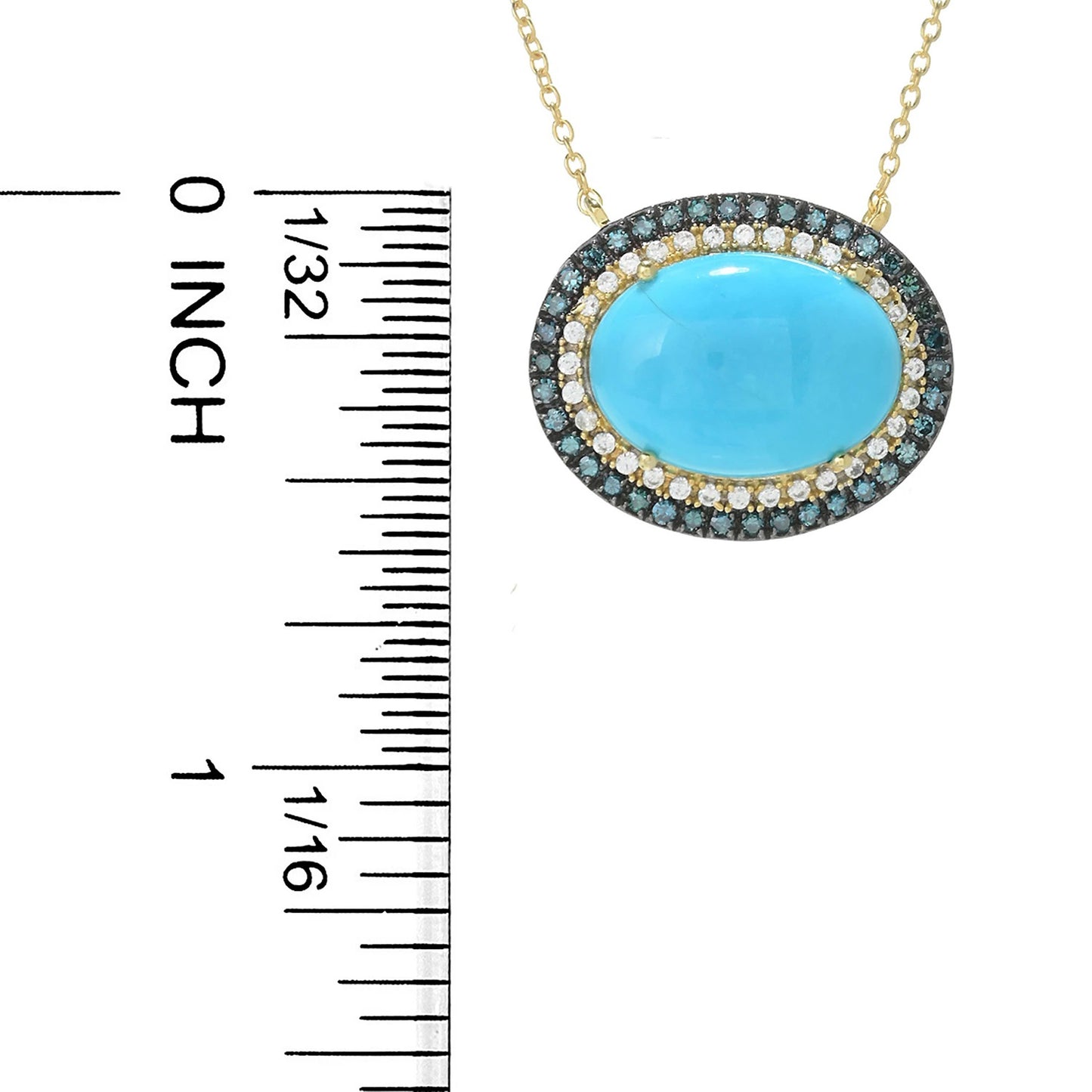 Gold Plated 14x10mm Sleeping Beauty Turquoise & Blue Diamond Halo Necklace