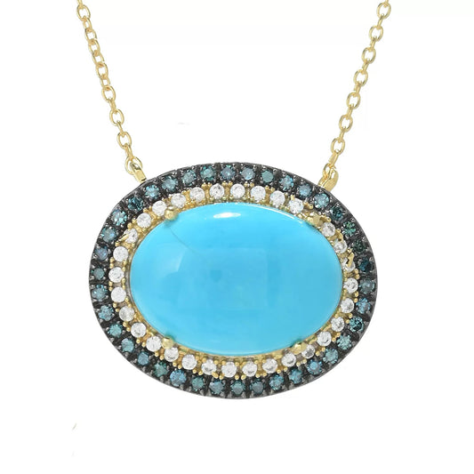 Gold Plated 14x10mm Sleeping Beauty Turquoise & Blue Diamond Halo Necklace